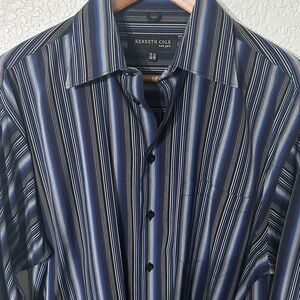 Kenneth Cole Men Navy Blue Black Striped Button Down Luxury Shirt Size 34-35 / M